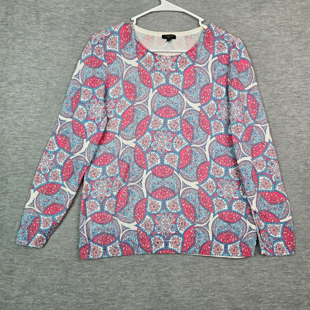 Talbots Petite Pink Blue Paisley Medallion Cotton Tencel Knit Sweater MP